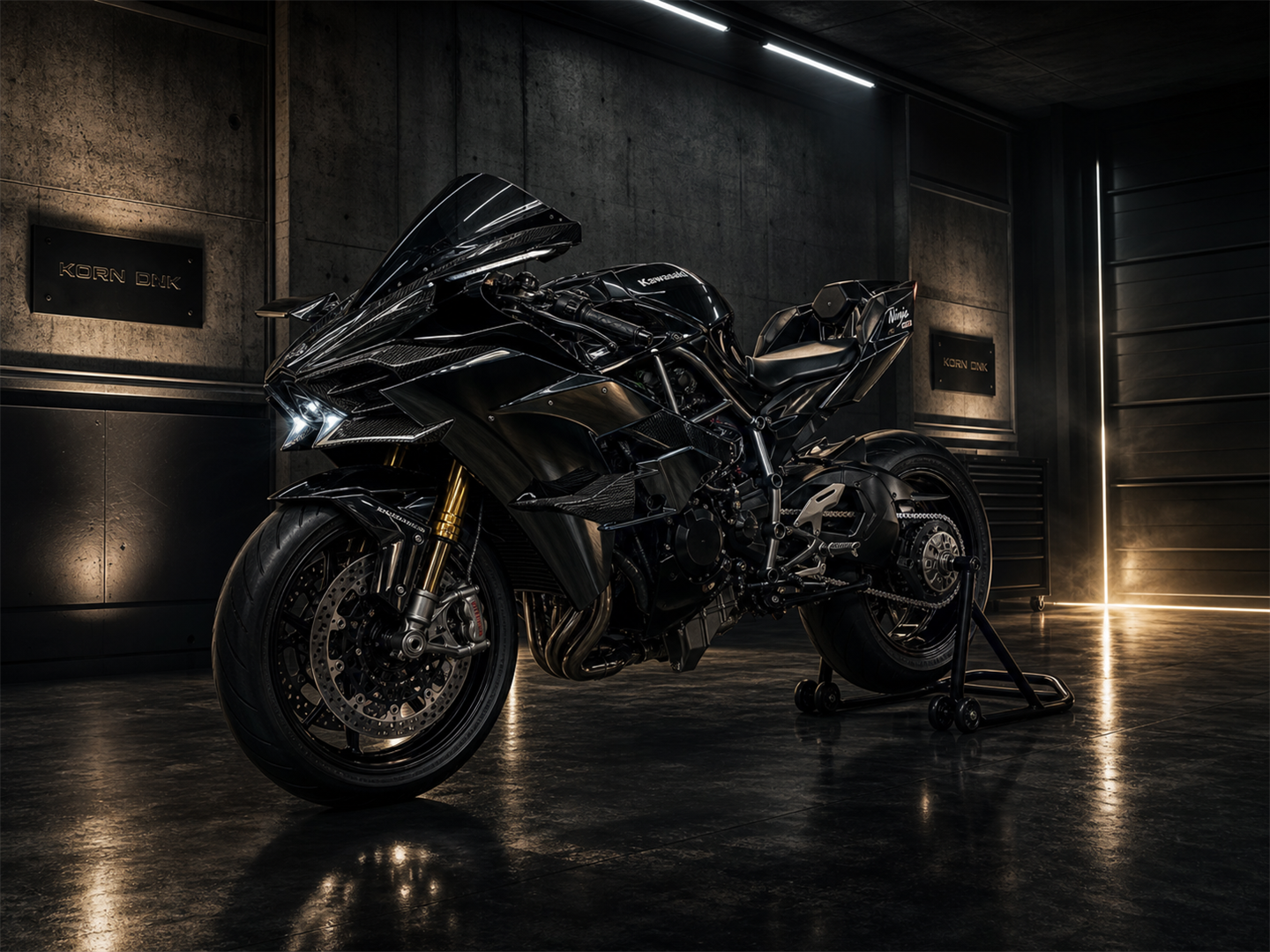 Mirror-coated Kawasaki H2 in the private KORN DNK industrial garage vault